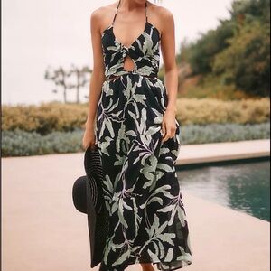 Seafolly Black Halter Maxi Dress with Green Tropical Leaf Print